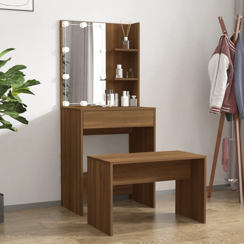 vidaXL Set Tavolo da Toeletta con LED Rovere Marrone Legno Multistrato vidaXL Set Tavolo da Toeletta con LED Rovere Marrone Legno Multistrato