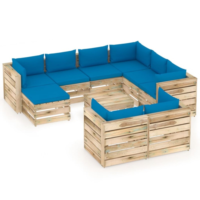 vidaXL Set Salotto da Giardino con Cuscini 10pz Legno Impregnato Verde vidaXL Set Salotto da Giardino con Cuscini 10pz Legno Impregnato Verde