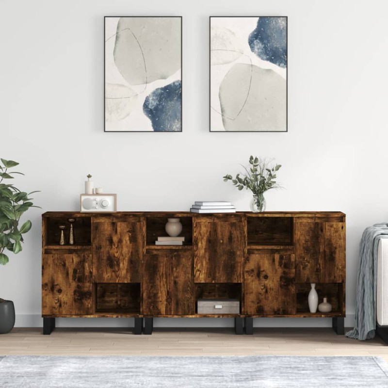 vidaXL Credenze 3 pz Rovere Fumo in Legno Multistrato