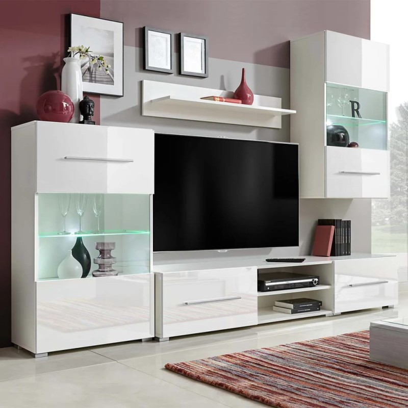Mobile TV a Parete con Vetrina 5 pz Illuminazione LED Bianco Mobile TV a Parete con Vetrina 5 pz Illuminazione LED Bianco