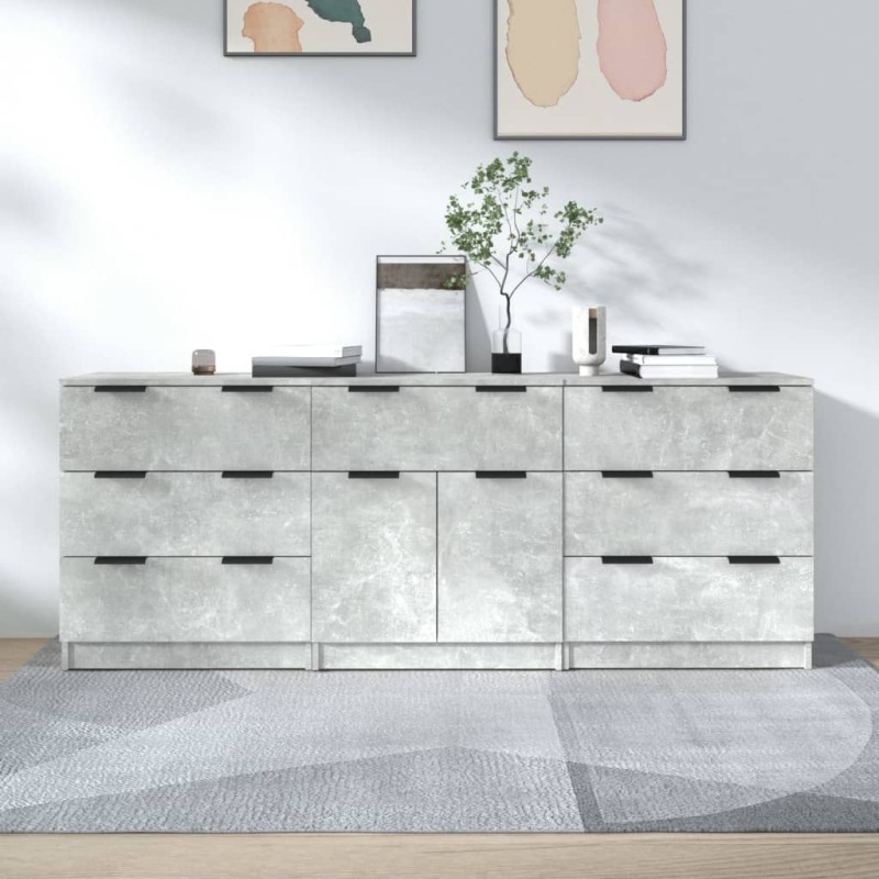 Credenze 3 pz Grigio Cemento in Legno Multistrato Credenze 3 pz Grigio Cemento in Legno Multistrato