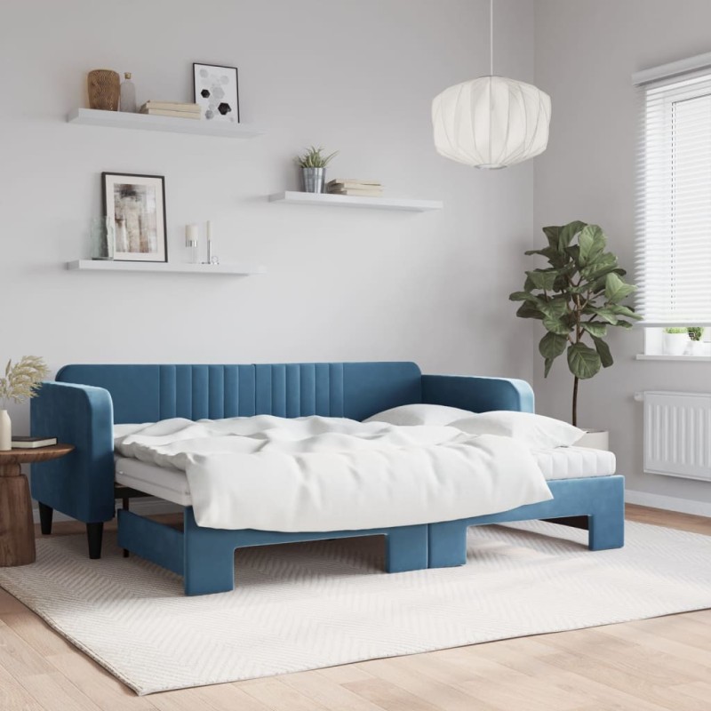 vidaXL Divano Letto Estraibile con Materassi Blu 80x200 cm Velluto vidaXL Divano Letto Estraibile con Materassi Blu 80x200 cm Velluto