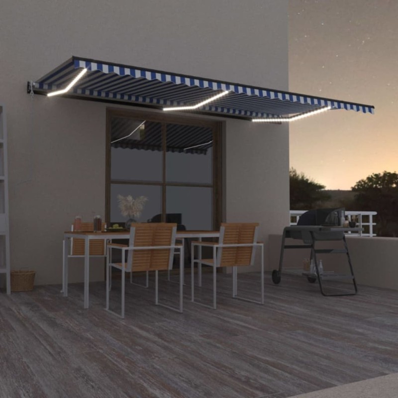 Tenda Automatica con Sensore Vento e LED 600x300 cm Blu Bianca Tenda Automatica con Sensore Vento e LED 600x300 cm Blu Bianca
