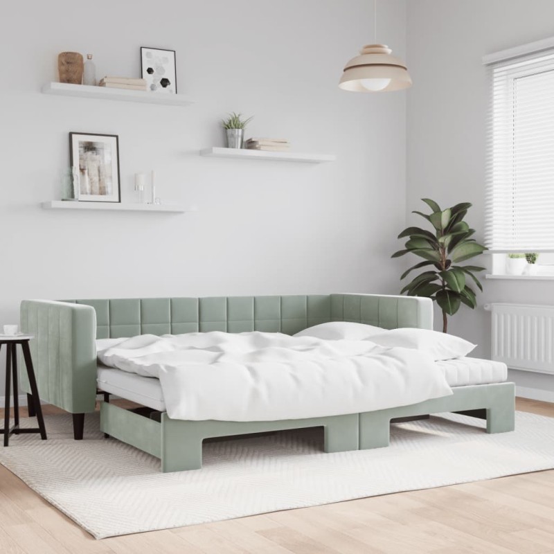 vidaXL Divano Letto Estraibile Materassi Grigio Chiaro 90x200 Velluto vidaXL Divano Letto Estraibile Materassi Grigio Chiaro 90x200 Velluto