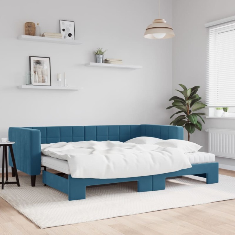 vidaXL Divano Letto Estraibile con Materassi Blu 90x200 cm Velluto vidaXL Divano Letto Estraibile con Materassi Blu 90x200 cm Velluto