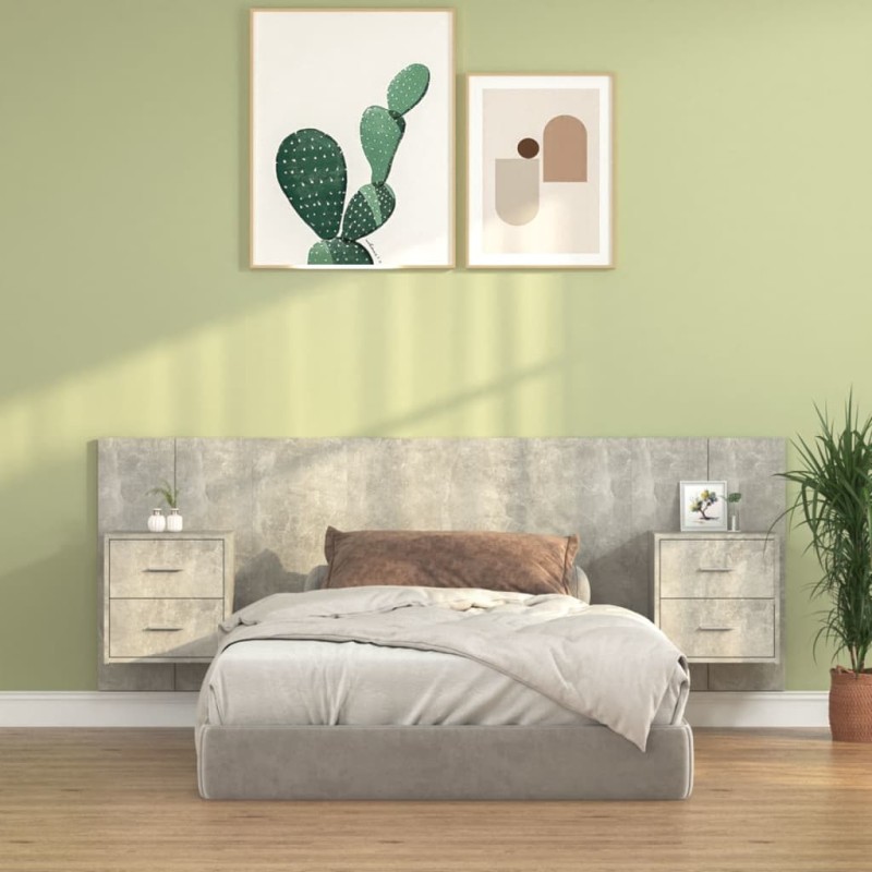 Testiera Letto con Comodini in Legno Multistrato Grigio Cemento Testiera Letto con Comodini in Legno Multistrato Grigio Cemento