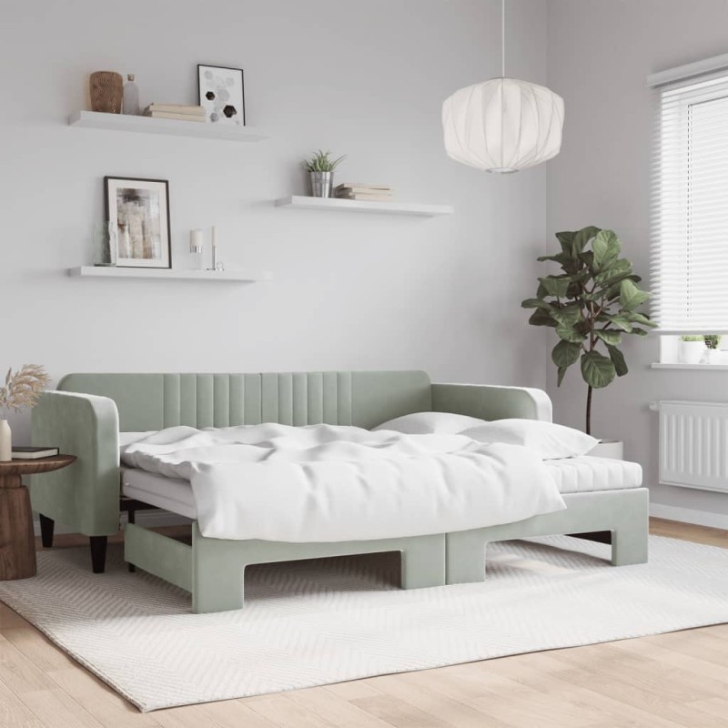 vidaXL Divano Letto Estraibile Materassi Grigio Chiaro 90x200 Velluto vidaXL Divano Letto Estraibile Materassi Grigio Chiaro 90x200 Velluto