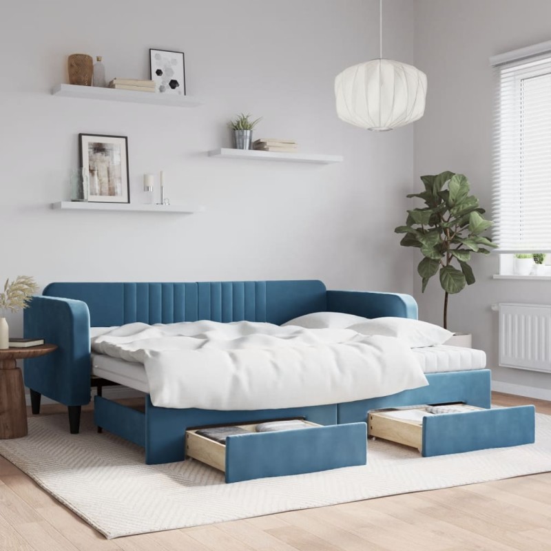 vidaXL Divano Letto Estraibile con Cassetti Blu 90x200 cm in Velluto vidaXL Divano Letto Estraibile con Cassetti Blu 90x200 cm in Velluto