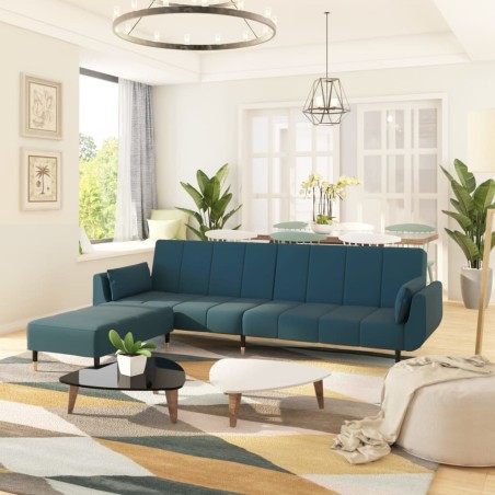 vidaXL Divano Letto a 2 Posti con Pouf e Due Cuscini Blu in Velluto